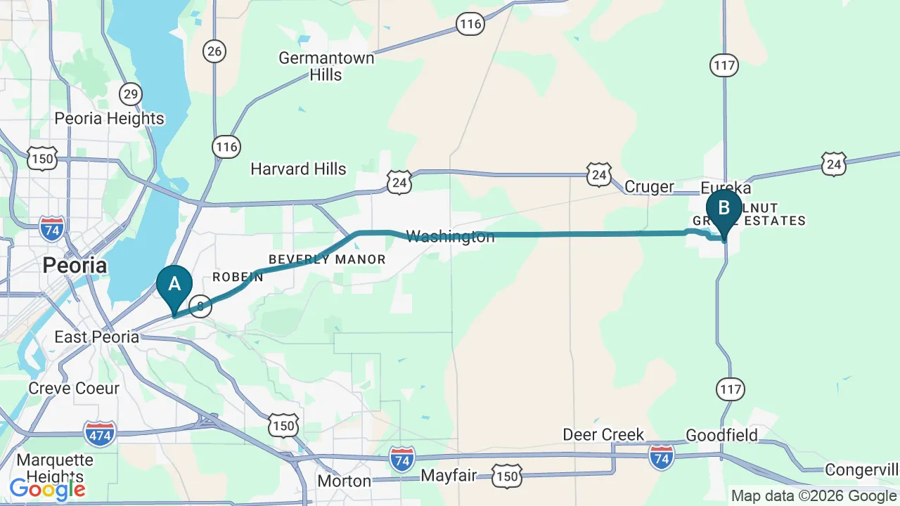 Driving directions map from East Peoria, IL to Strong Roots Chiropractic in Eureka
