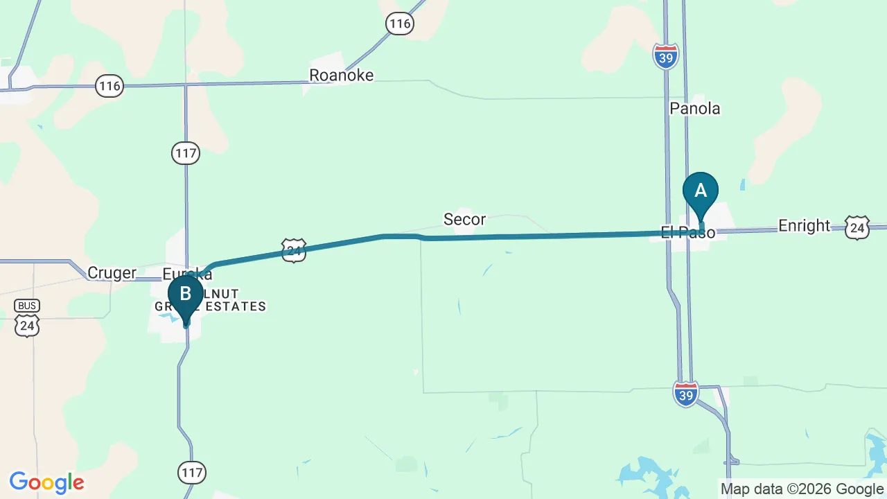 Driving directions map from El Paso, IL to Strong Roots Chiropractic in Eureka