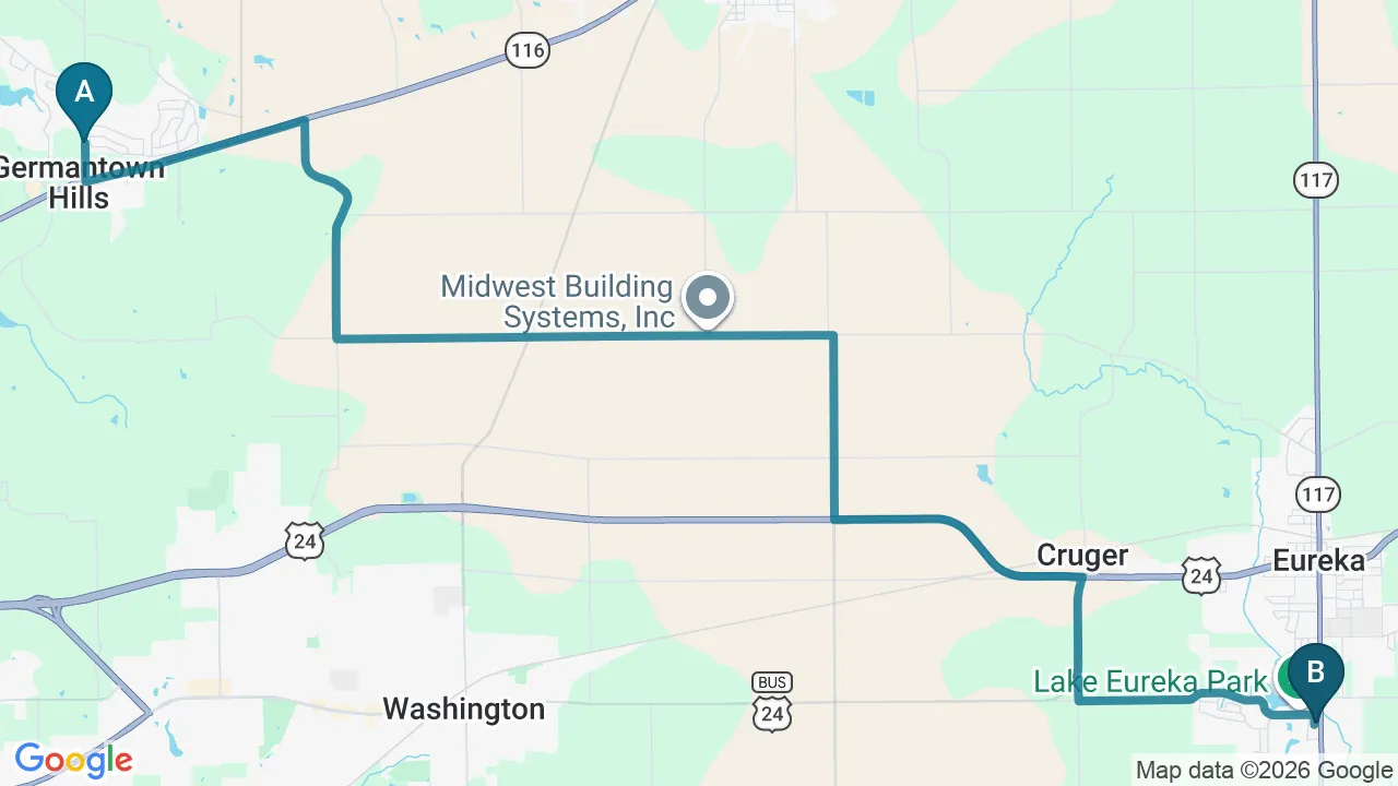 Driving directions map from Germantown Hills, IL to Strong Roots Chiropractic in Eureka