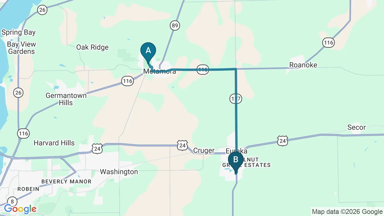 Driving directions map from Metamora, IL to Strong Roots Chiropractic in Eureka
