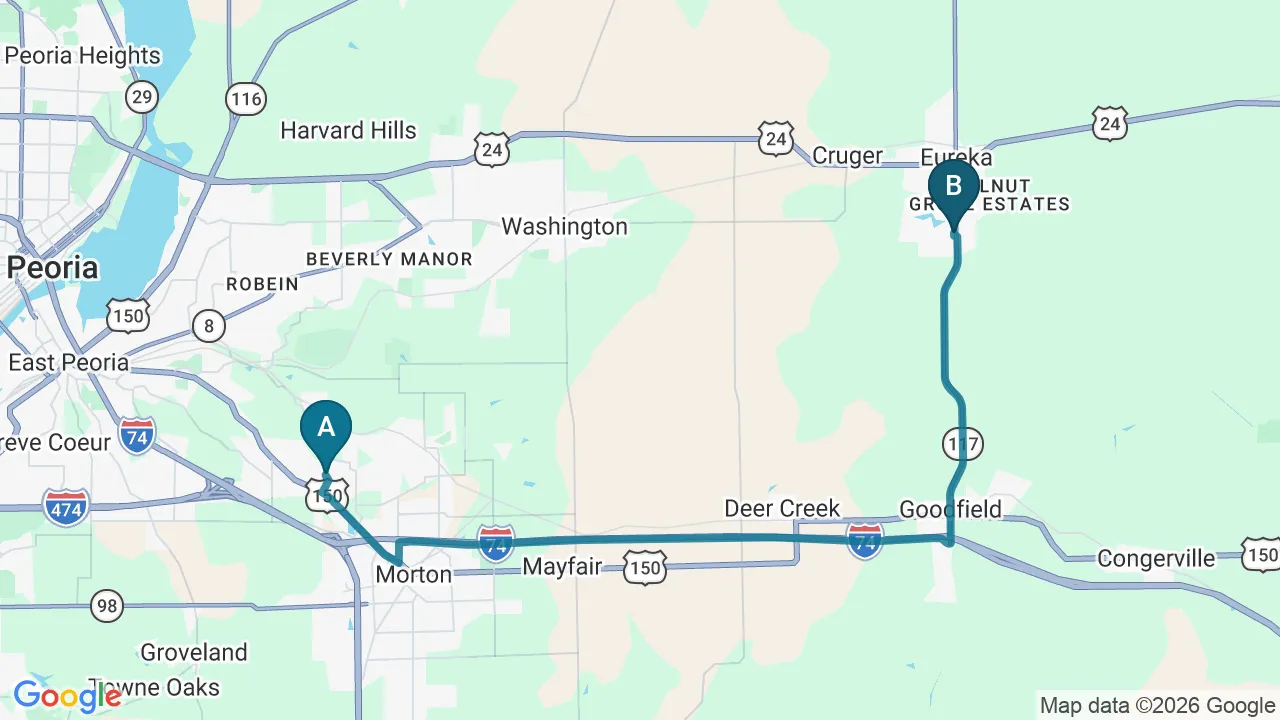 Driving directions map from Morton, IL to Strong Roots Chiropractic in Eureka