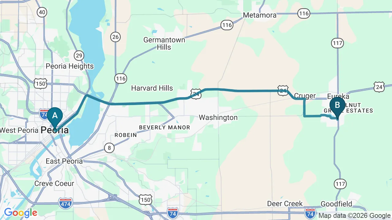 Driving directions map from Peoria, IL to Strong Roots Chiropractic in Eureka