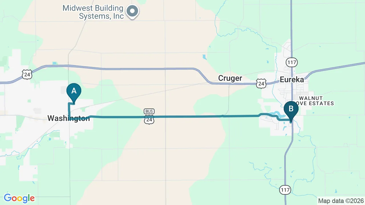 Driving directions map from Washington, IL to Strong Roots Chiropractic in Eureka